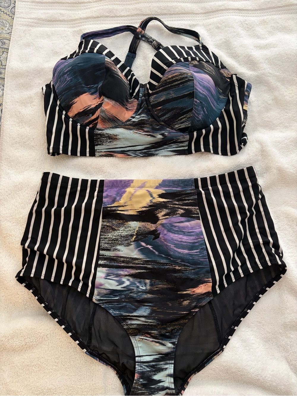 torrid Black Striped Bikini Set with Purple, Peach & Blue Abstract Accents